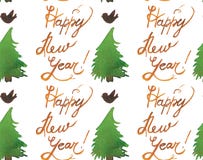 Teste padrão sem emenda do feriado do Natal da aquarela com árvores, pássaros e cópia do ano novo feliz Tema do ano novo do inver ilustração royalty free Teste padrão sem emenda do feriado do Natal da aquarela com árvores, pássaros e cópia do ano novo feliz Tema do ano novo do inver ilustração royalty free