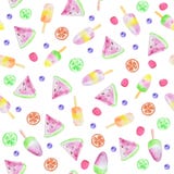 Teste padrão sem emenda do gelado e das bagas Fundo com melancia, gelado, fruto e bagas da aquarela ilustração royalty free Teste padrão sem emenda do gelado e das bagas Fundo com melancia, gelado, fruto e bagas da aquarela ilustração royalty free