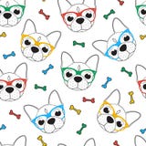Teste padrão sem emenda do moderno da garatuja com um buldogue nos vidros ilustração royalty free Teste padrão sem emenda do moderno da garatuja com um buldogue nos vidros ilustração royalty free