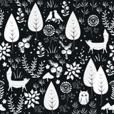 Teste padrão sem emenda do vetor bonito com plantas da floresta, pássaros, e silhuetas das raposas Fundo branco e preto ilustração do vetor Teste padrão sem emenda do vetor bonito com plantas da floresta, pássaros, e silhuetas das raposas Fundo branco e preto ilustração do vetor