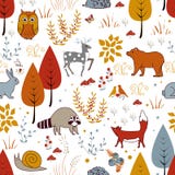 Teste padrão sem emenda do vetor bonito com plantas, pássaros, urso, cervos, guaxinim, e raposa da floresta ilustração stock Teste padrão sem emenda do vetor bonito com plantas, pássaros, urso, cervos, guaxinim, e raposa da floresta ilustração stock