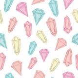 Teste padrão sem emenda do vetor com os cristais coloridos mágicos no fundo branco ilustração royalty free Teste padrão sem emenda do vetor com os cristais coloridos mágicos no fundo branco ilustração royalty free