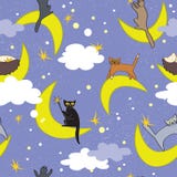 Teste padrão sem emenda dos gatos Gatos que sentam-se em luas em poses diferentes Fundo feericamente ilustração stock Teste padrão sem emenda dos gatos Gatos que sentam-se em luas em poses diferentes Fundo feericamente ilustração stock