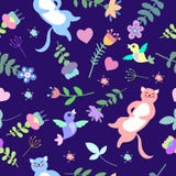 Teste padrão sem emenda floral bonito com gatos, pássaros e flores ilustração stock Teste padrão sem emenda floral bonito com gatos, pássaros e flores ilustração stock