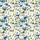 Teste padrão sem emenda Os ícones do turismo na natureza, a família vão em uma caminhada, ecoturismo, um pescador em um barco, na ilustração royalty free Teste padrão sem emenda Os ícones do turismo na natureza, a família vão em uma caminhada, ecoturismo, um pescador em um barco, na ilustração royalty free