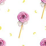 Teste padrão sem emenda pintado à mão com o bolo da aquarela, o marshmallow e o coração vermelho isolados no fundo branco ilustração stock Teste padrão sem emenda pintado à mão com o bolo da aquarela, o marshmallow e o coração vermelho isolados no fundo branco ilustração stock