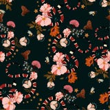 Teste padrão sem emenda, serpente na moda com o vecto do projeto gráfico das flores ilustração stock Teste padrão sem emenda, serpente na moda com o vecto do projeto gráfico das flores ilustração stock