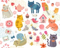 Teste padrão sem emenda Um grupo de gatos bonitos e de pássaros ilustração do vetor Teste padrão sem emenda Um grupo de gatos bonitos e de pássaros ilustração do vetor