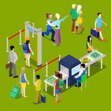 Testpunkt för flygplatssäkerhet med en kö av isometriskt folk med bagage royaltyfri illustrationer Testpunkt för flygplatssäkerhet med en kö av isometriskt folk med bagage royaltyfri illustrationer