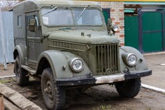 Tetyushy, Tatarstan/ Russia - May 02, 2019: Retro car GAZ-69 near the house in the street. Old vintage car GAZ-69 is a four-wheel stock photos Tetyushy, Tatarstan/ Russia - May 02, 2019: Retro car GAZ-69 near the house in the street. Old vintage car GAZ-69 is a four-wheel stock photos