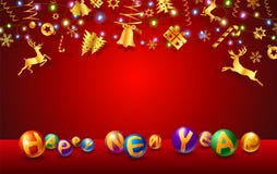 Text of New Year and Christmas festival celebration. Red background and gold elements on copy space which were design for decorative xmas tree,greeting card and stock illustration Text of New Year and Christmas festival celebration. Red background and gold elements on copy space which were design for decorative xmas tree,greeting card and stock illustration
