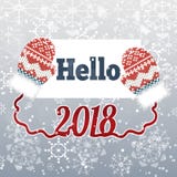 Text olá! 2018 no fundo do inverno com mitenes ilustração stock Text olá! 2018 no fundo do inverno com mitenes ilustração stock
