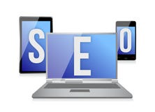 Text SEO on screen of laptop, tablet and phone vector illustration Text SEO on screen of laptop, tablet and phone vector illustration