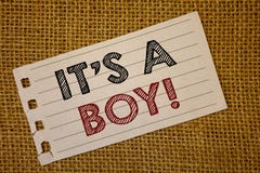 Text sign showing It S A Boy Motivational Call. Conceptual photos Male baby is coming Gender reveal CelebrationNotebook page ideas