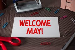 Text sign showing Welcome May. Conceptual photo welcoming fifth month of year usually considered summer Scissors and royalty free stock photos Text sign showing Welcome May. Conceptual photo welcoming fifth month of year usually considered summer Scissors and royalty free stock photos