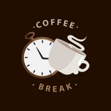 Texto del descanso para tomar café en estilo de la tipografía con el ejemplo del reloj y de la taza Emblema o logotipo Dise?o del stock de ilustración Texto del descanso para tomar café en estilo de la tipografía con el ejemplo del reloj y de la taza Emblema o logotipo Dise?o del stock de ilustración