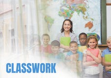  Texto do Classwork e professor elementar com classe fotografia de stock royalty free
