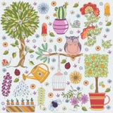 Texture With Flowers, Fruit Tree, Flowering Tree, Owl And Insects. Royalty Free Stock Photos Texture With Flowers, Fruit Tree, Flowering Tree, Owl And Insects. Royalty Free Stock Photos