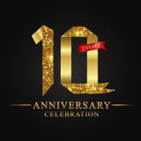 10th логотип торжества лет годовщины Золотое число ленты логотипа и красная лента на черной предпосылке бесплатная иллюстрация 10th логотип торжества лет годовщины Золотое число ленты логотипа и красная лента на черной предпосылке бесплатная иллюстрация