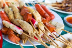 Thai style BBQ Pork, Sausage, Crab sticks royalty free stock photos Thai style BBQ Pork, Sausage, Crab sticks royalty free stock photos