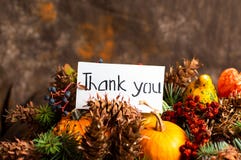 Thank you note and autumn festive symbols royalty free stock photo Thank you note and autumn festive symbols royalty free stock photo
