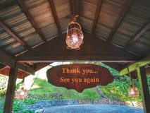 Thank you and see you again signage on wooden hanging top. royalty free stock images Thank you and see you again signage on wooden hanging top. royalty free stock images