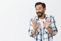Thanks I am fine. Nervous polite good-looking mature male rejecting offer from stranger with friendly expression, saying stock photo Thanks I am fine. Nervous polite good-looking mature male rejecting offer from stranger with friendly expression, saying stock photo