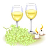 Thanksgiving Day. On the festive table are two glasses of white wine and a bunch of grapes. Candles give a romantic mood. Vector vector illustration Thanksgiving Day. On the festive table are two glasses of white wine and a bunch of grapes. Candles give a romantic mood. Vector vector illustration