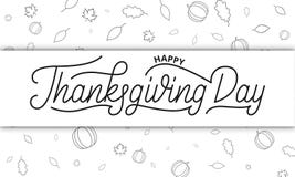 Thanksgiving Day. Happy Thanksgiving Day lettering and autumnal icons of pumpkin and fall leaves Stock Illustration Thanksgiving Day. Happy Thanksgiving Day lettering and autumnal icons of pumpkin and fall leaves Stock Illustration