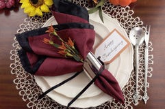 Thanksgiving Table Setting With Lace Doily Place Setting - Aerial Royalty Free Stock Images