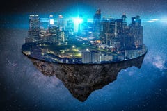 The Abstract Image Of The Futuristic Cityscape Island Or The Space Colony On Another Space, The Concept Of Future, Fantasy, Constr Stock Photo The Abstract Image Of The Futuristic Cityscape Island Or The Space Colony On Another Space, The Concept Of Future, Fantasy, Constr Stock Photo