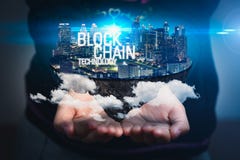 The Abstract Image Of The Girl Hold The Blockchain Hologram On Hand And Element Of This Image Furnished By Nasa. The Concept Of Cr Stock Photo The Abstract Image Of The Girl Hold The Blockchain Hologram On Hand And Element Of This Image Furnished By Nasa. The Concept Of Cr Stock Photo