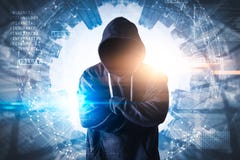The Abstract Image Of The Hacker Standing Overlay With Futuristic Hologram And The Future Cityscape Is Backdrop. Royalty Free Stock Photography The Abstract Image Of The Hacker Standing Overlay With Futuristic Hologram And The Future Cityscape Is Backdrop. Royalty Free Stock Photography