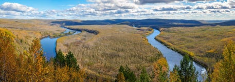 The Blue River And Autumn Forests Panorama In Great Khingan Stock Photography