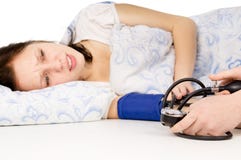 The Diseased Beautiful Girl Lying On The Bed, And Measure The Pr Stock Image The Diseased Beautiful Girl Lying On The Bed, And Measure The Pr Stock Image