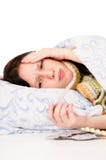 The Diseased Girl Lying In Bed, Aching Head Royalty Free Stock Photography The Diseased Girl Lying In Bed, Aching Head Royalty Free Stock Photography