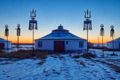The Mongolian Yurts Sunset In Winter Royalty Free Stock Photography