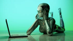 The Robot With A Laptop Royalty Free Stock Photography