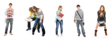 The Six Young Students Isolated On A White Stock Photos