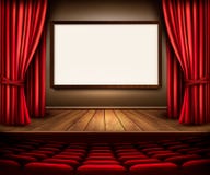 A theater stage with a red curtain, seats and a project board. vector illustration A theater stage with a red curtain, seats and a project board. vector illustration