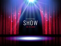 Theater stage with red curtain and spotlight Vector festive template with lights and scene. Poster design for concert