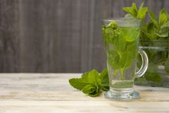 Thee van de de zomer de verse munt De glaskop van groene thee met munt verlaat houten achtergrond Natuurlijk daglicht De ruimte v royalty-vrije stock foto Thee van de de zomer de verse munt De glaskop van groene thee met munt verlaat houten achtergrond Natuurlijk daglicht De ruimte v royalty-vrije stock foto