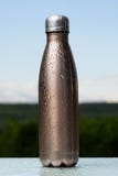 Thermo roestvrije die fles, met water wordt bespoten Hemel en bos op achtergrond Op het glasbureau Thermosflessen marokleur stock afbeeldingen Thermo roestvrije die fles, met water wordt bespoten Hemel en bos op achtergrond Op het glasbureau Thermosflessen marokleur stock afbeeldingen