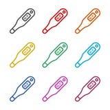 Thermometerpictogram, Moderne thermometer, Medische thermometer, geplaatste kleurenpictogrammen Stock Foto Thermometerpictogram, Moderne thermometer, Medische thermometer, geplaatste kleurenpictogrammen Stock Foto