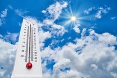 Thermometerzon hoge Degres De hete Dag van de Zomer Hoge de Zomertemperaturen stock fotografie Thermometerzon hoge Degres De hete Dag van de Zomer Hoge de Zomertemperaturen stock fotografie