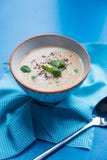 Thick Soup In Bowl On Blue Napkin And Background Royalty Free Stock Image