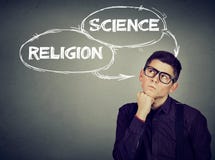 Thoughtful man making up his mind science or religion stock images Thoughtful man making up his mind science or religion stock images