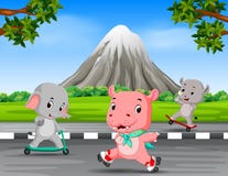 Three animals playing in the road with mountain scenery stock illustration Three animals playing in the road with mountain scenery stock illustration