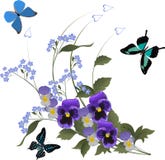 Three Butterflies And Blue Flower Bouquet Royalty Free Stock Image