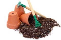 Three Clay Pots, Soil And Tools Royalty Free Stock Photography Three Clay Pots, Soil And Tools Royalty Free Stock Photography